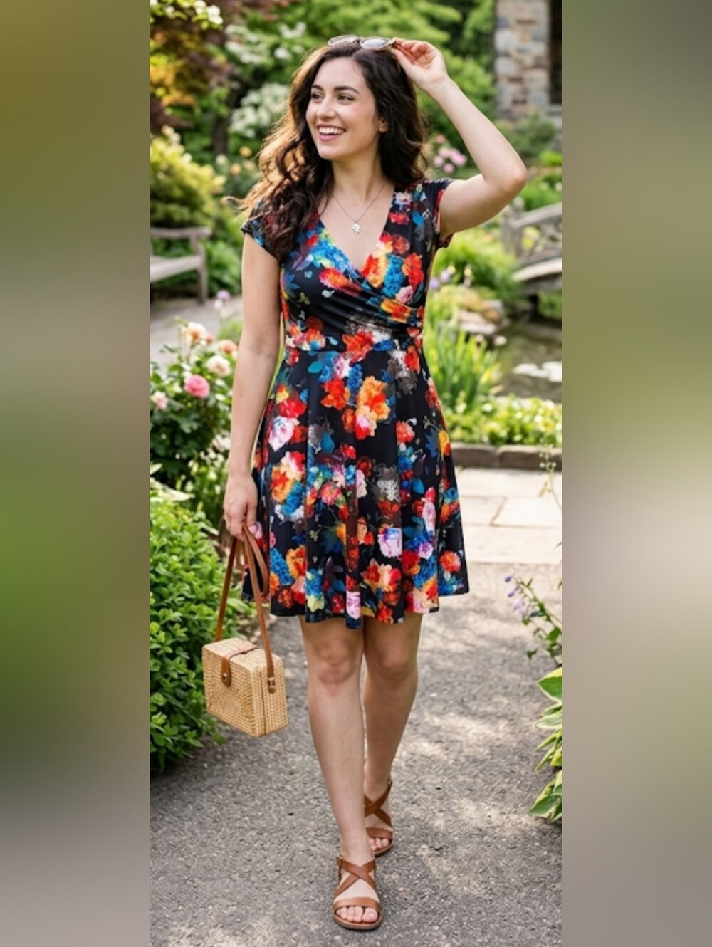 Vibrant Multi-Color Floral Surplice Midi Dress